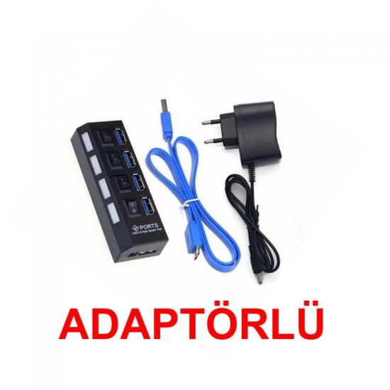 4 Port Usb 3.0 Çoğaltıcı Çoklayıcı Hub - Yüksek Hız 5 Gbps - On/Off Anahtarlı - Adaptörlü