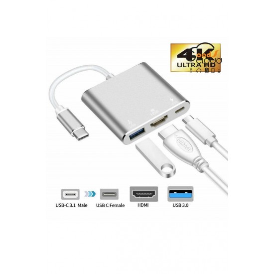 4K Type-C HDMI Görüntü Aktarım Kablosu Şarj Girişli Usb Hub 3.0