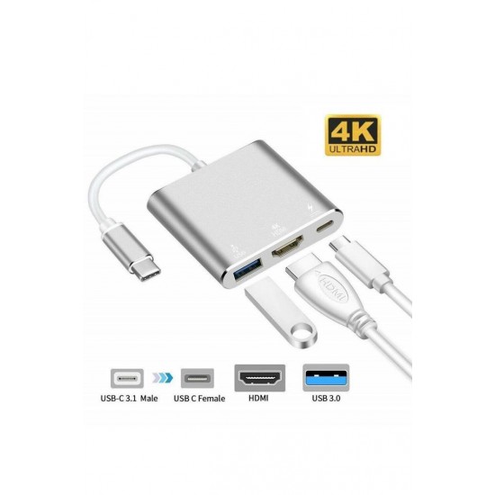 4K Type-C HDMI Görüntü Aktarım Kablosu Şarj Girişli Usb Hub 3.0