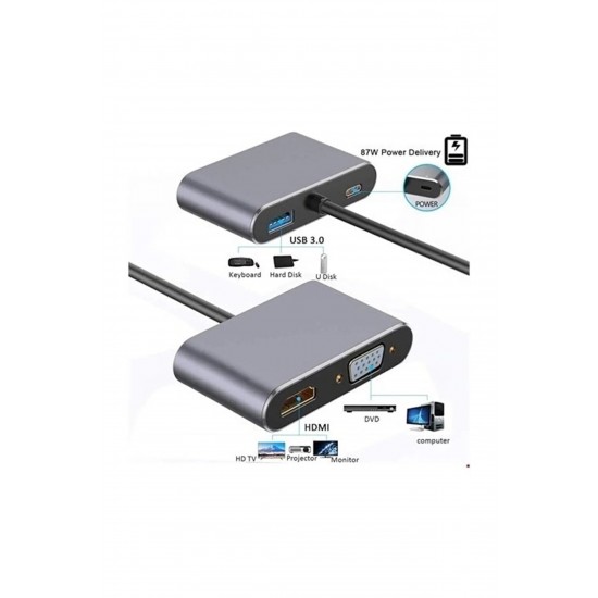 Maxgo 3006 Usb Type c To Hdmi Vga Pd 3.0 Çevirici Dönüştürücü Kablo Adaptör