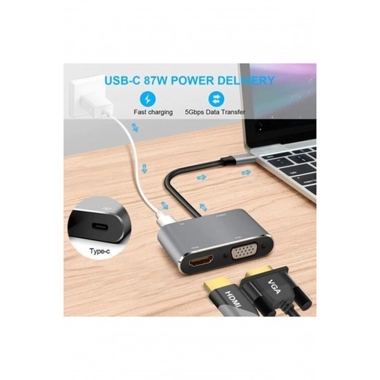 Maxgo 3006 Usb Type c To Hdmi Vga Pd 3.0 Çevirici Dönüştürücü Kablo Adaptör
