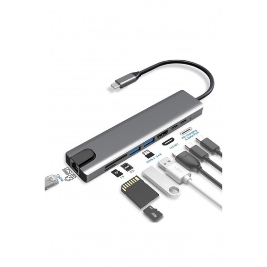 Maxgo 3008 Macbook Pro Air Uyumlu USB Type-C Hub Dönüştürücü Çevirici Çoklayıcı USB Hdmi 8 Girişli