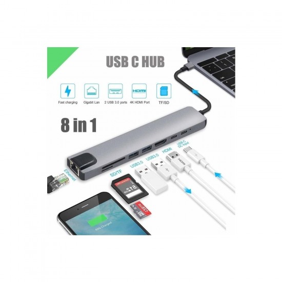 Maxgo 3008 Macbook Pro Air Uyumlu USB Type-C Hub Dönüştürücü Çevirici Çoklayıcı USB Hdmi 8 Girişli