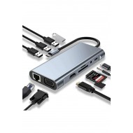 Maxgo 3121 Usb Çoklayıcı 11in1 Hub Type-c 4K HDMI Vga Lan Rj45 SD TF Kart Okuyucu Usb 3.0 Okuyucu Adaptör