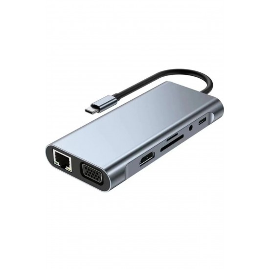 Maxgo 3121 Usb Çoklayıcı 11in1 Hub Type-c 4K HDMI Vga Lan Rj45 SD TF Kart Okuyucu Usb 3.0 Okuyucu Adaptör