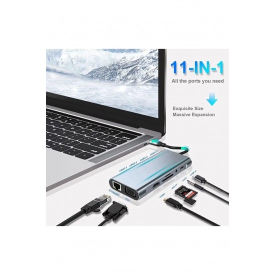Maxgo 3121 Usb Çoklayıcı 11in1 Hub Type-c 4K HDMI Vga Lan Rj45 SD TF Kart Okuyucu Usb 3.0 Okuyucu Adaptör