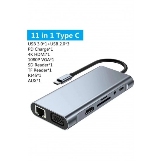 Maxgo 3121 Usb Çoklayıcı 11in1 Hub Type-c 4K HDMI Vga Lan Rj45 SD TF Kart Okuyucu Usb 3.0 Okuyucu Adaptör