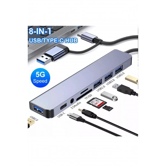 Maxgo 3122 8 In 1 USB Type-C USB 2.0/3.0 Audio 3.5 Tf Sd Çevirici Adaptör Çok Portlu Çoklayıcı USB Hub