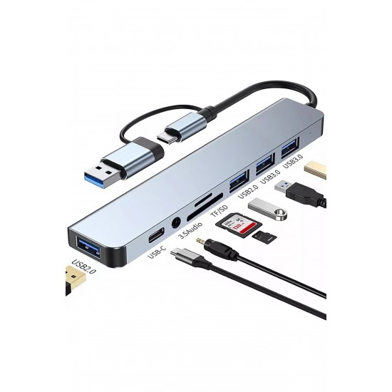 Maxgo 3122 8 In 1 USB Type-C USB 2.0/3.0 Audio 3.5 Tf Sd Çevirici Adaptör Çok Portlu Çoklayıcı USB Hub