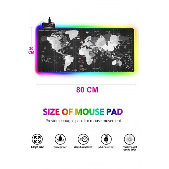Maxgo 3126 Dünya Desenli Rgb Mouse Pad Led Değişen Ledli Gaming Mousepad 80x30 Işıklı Su Geçirmez