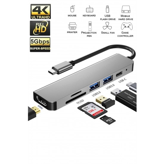 Maxgo 3134 6 In 1 Usb/type-c To Usb A Usb C-usb 3.0 Sd Tf 4k Hd Hdmi Çevirici Adaptör 6 Port Çoklayıcı Usb Hub