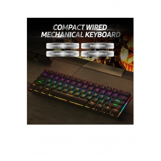 Maxgo 3155 Blue Switch Rgb %60 Kablolu Mekanik Klavye Gaming Oyuncu Klavyesi Türkçe 61 Tuş Q