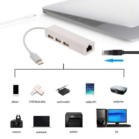 USB 3.1 Type C Hub Ethernet 3 Port Çevirici Dönüştürücü Adaptör RJ45 Network Lan