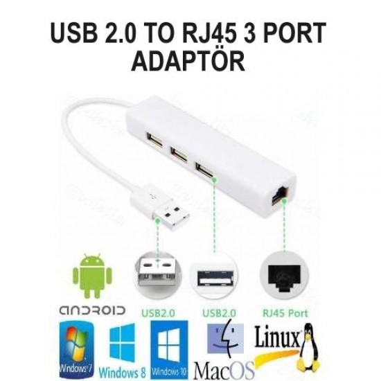 USB Ethernet Dönüştürücü Adaptör Çevirici Kartı 3 Port Hub Internet BST-2064p